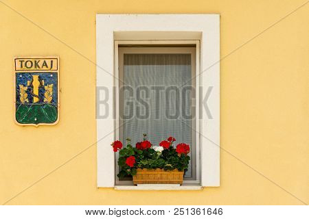 Window And Coat Of Arms On The House In Tokaj Town Center, Tokaj Wine Region, Hungary