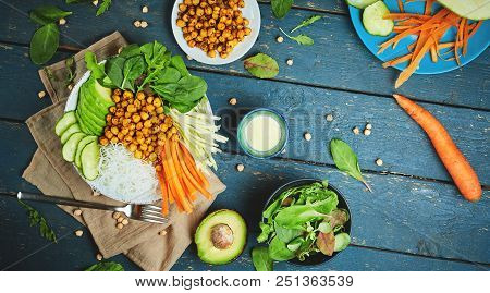 Top View Of Ingredient Set For Cooking Vegan Food, Fried Chickpeas, Rice Noodles With Wegetables On 