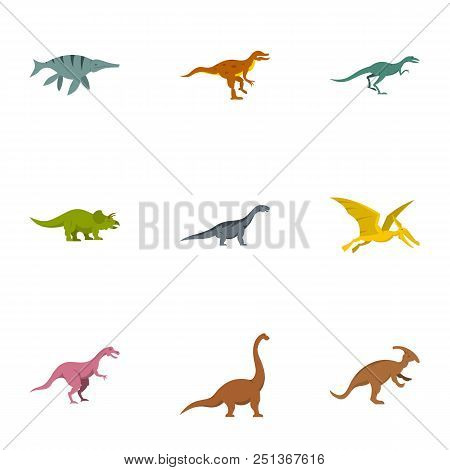 Wild Dinosaur Icons Set. Flat Set Of 9 Wild Dinosaur Vector Icons For Web Isolated On White Backgrou
