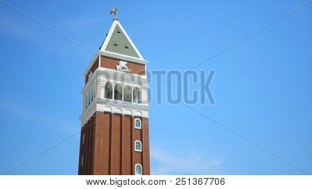 St. Marks Campanile Tower In Venice, Italy. Video. Ancient Europe Architecture, Bell Tower, Blue Sky