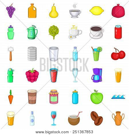 Fruit Drink Icons Set. Cartoon Style Of 36 Fruit Drink Vector Icons For Web Isolated On White Backgr