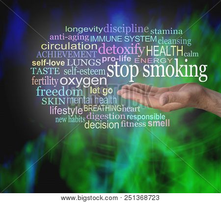 Stop Smoking Word Cloud - Male Hand With The Words Stop Smoking Floating Above Surrounded By A Relev