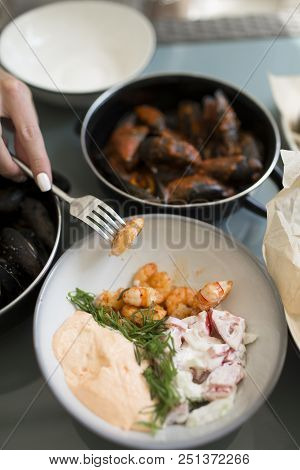 Snacks For Beer. Shrimp, Sauce, Chips, Toast. Top View With Copy Space