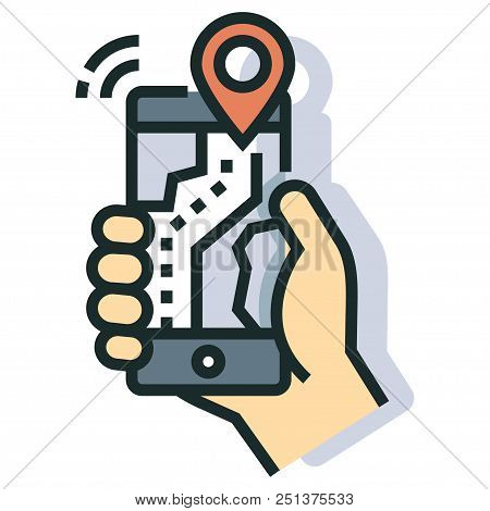 Hand Holding Smartphone With Gps Map On The Screen Line Color Icon