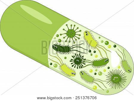 Capsules With Green Probiotics Bacteria. Concept Of Healthy Nutrition Ingredient For Therapeutic Pur
