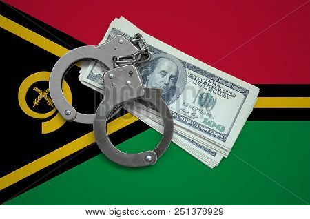 Vanuatu Flag  With Handcuffs And A Bundle Of Dollars. Currency Corruption In The Country. Financial 