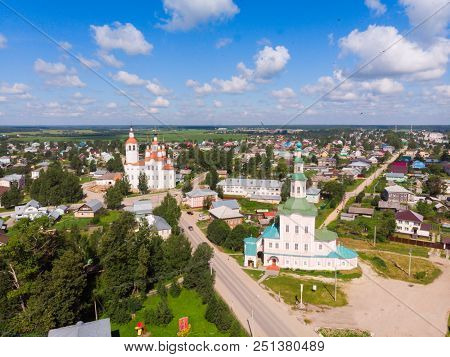 Panorama Of Totma From The Air. The Nativity Church, Totma, Russia. Architectural Forms Reminiscent 