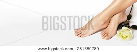 Beautiful Bare Feet. Nail Varnishing, French Manicure In White Color. Pedicure, Nails Polish In Beau