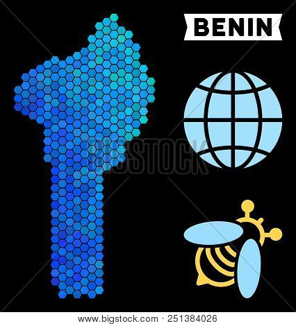 Blue Hexagon Benin Map. Geographic Map In Blue Color Shades On A Black Background. Vector Collage Of