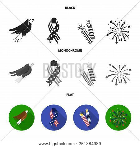 American Eagle, Ribbon, Salute. The Patriot Day Set Collection Icons In Black, Flat, Monochrome Styl