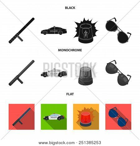 Police Baton, Auto, Flasher, Glasses.police Set Collection Icons In Black, Flat, Monochrome Style Ve