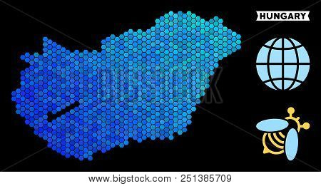 Hexagon Blue Hungary Map. Geographic Map In Blue Color Tinges On A Black Background. Vector Composit