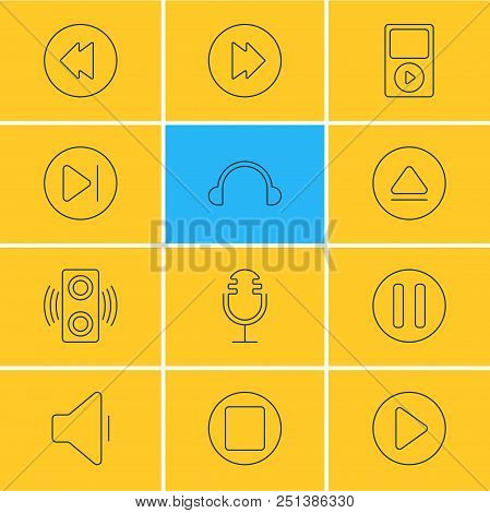 Vector Illustration Of 12 Melody Icons Line Style. Editable Set Of Loudspeaker, Next, Eject And Othe