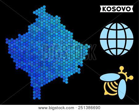 Blue Hexagon Kosovo Map. Geographic Map In Blue Color Shades On A Black Background. Vector Pattern O