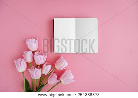 Opened Noteboog Around Beautiful Flowers. Pink Background. Flat Lay Style.