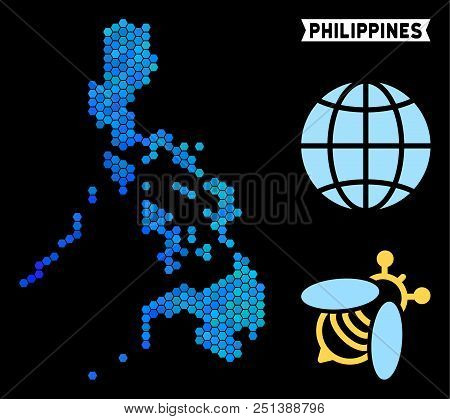 Blue Hexagon Philippines Map. Geographic Map In Blue Color Hues On A Black Background. Vector Collag