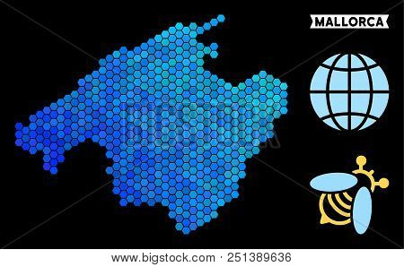 Hexagon Blue Spain Mallorca Island Map. Geographic Map In Blue Color Shades On A Black Background. V