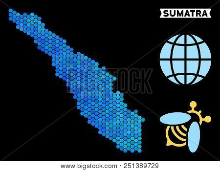 Hexagon Blue Sumatra Island Map. Geographic Map In Blue Color Hues On A Black Background. Vector Pat