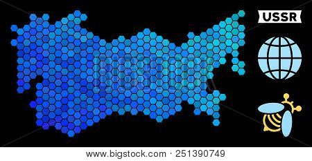 Hexagon Blue Ussr Map. Geographic Map In Blue Color Shades On A Black Background. Vector Concept Of 