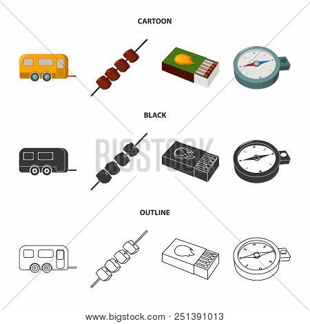 Trailer, Shish Kebab, Matches, Compass. Camping Set Collection Icons In Cartoon, Black, Outline Styl