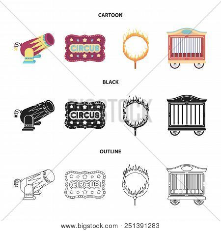 Circus Trailer, Circus Gun, Burning Hoop, Signboard.circus Set Collection Icons In Cartoon, Black, O