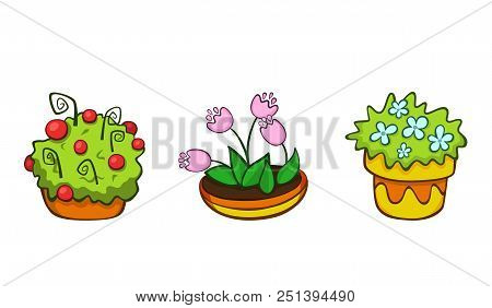 Flowers In Colorful Pots. Vector Flowers Pots. Set Of Flowers In Pots. Potted Plants.