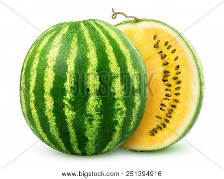 Yellow Watermelon Cut In Halves Isolated On White Background With Clipping Path