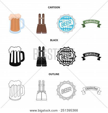 Shorts With Suspenders, A Glass Of Beer, A Sign, An Emblem. Oktoberfest Set Collection Icons In Cart