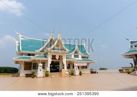 Udonthani, Thailand - March 17, 2018 : Famous Unique Blue Roof Of Buddhism Sacred Halls Of Wat Pha P