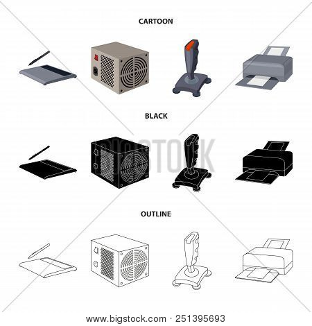 Power Unit, Dzhostik And Other Equipment. Personal Computer Set Collection Icons In Cartoon, Black, 