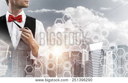 Double Exposure Of Confident And Young Businessman In Smart-casual Wear Smoking Pipe And Modern City