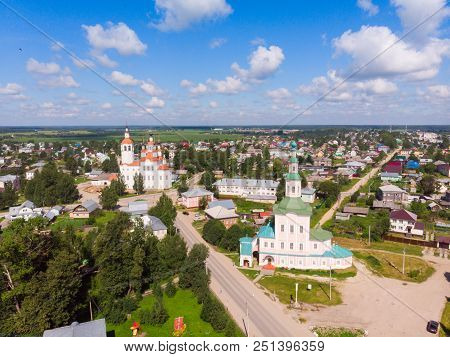 Panorama Of Totma From The Air. The Nativity Church, Totma, Russia. Architectural Forms Reminiscent 