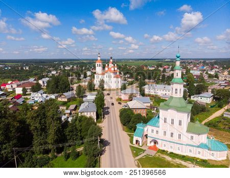 Panorama Of Totma From The Air. The Nativity Church, Totma, Russia. Architectural Forms Reminiscent 
