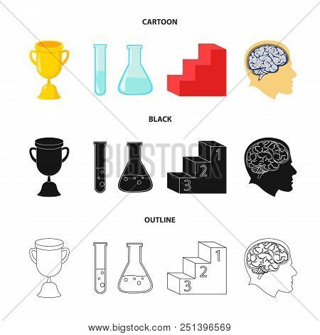A Cup, Test Tubes With A Reagent, A Pedestal, A Man Head With A Brain. School Set Collection Icons I