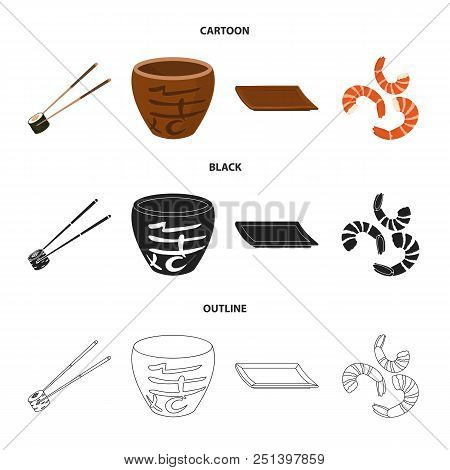 Sticks, Shrimp, Substrate, Bowl.sushi Set Collection Icons In Cartoon, Black, Outline Style Vector S