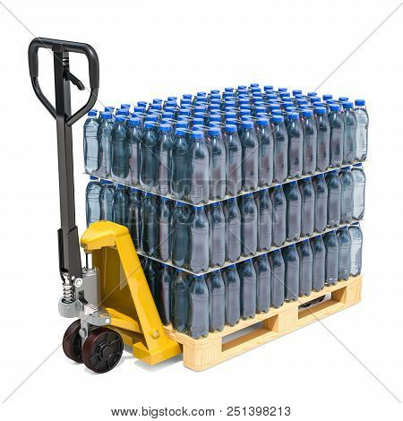 Hydraulic Pallet Jack With Water Bottles Wrapped In The Shrink Film, 3d Rendering Isolated On White 
