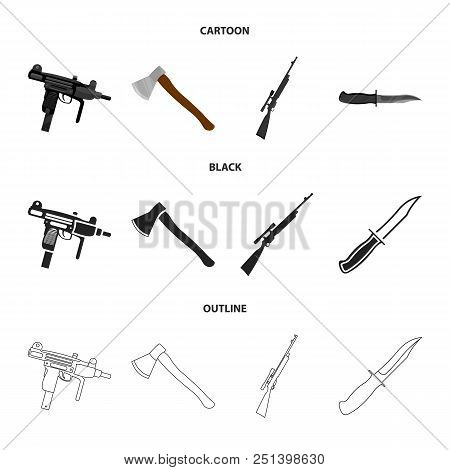 Ax, Automatic, Sniper Rifle, Combat Knife. Weapons Set Collection Icons In Cartoon, Black, Outline S
