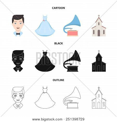 Wedding Dress, Groom, Gramophone, Church. Wedding Set Collection Icons In Cartoon, Black, Outline St