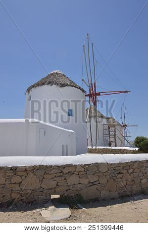 Windmills In Chora Island Of Mykonos .arte History Architecture.3 Of July 2018. Chora, Island Of Myk