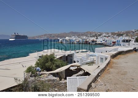 Nice Views Of The Little Venice Neighborhood & Cruise In The City Of Chora On The Island Of Mykonos.