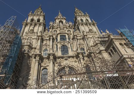 Santiago De Compostela Cathedral Of Saint James, Spain. Visible Construction Renovation Works.