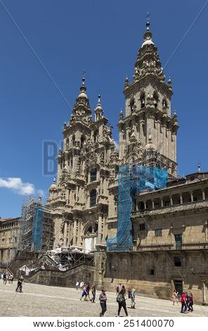 Santiago De Compostela, Spain -june 14, 2018: Santiago De Compostela Cathedral Of Saint James, Spain