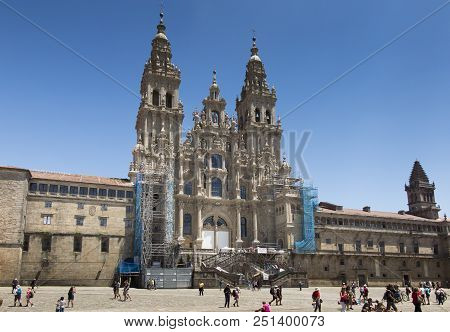 Santiago De Compostela, Spain -june 14, 2018: Santiago De Compostela Cathedral Of Saint James, Spain