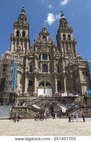 Santiago De Compostela, Spain -june 14, 2018: Santiago De Compostela Cathedral Of Saint James, Spain