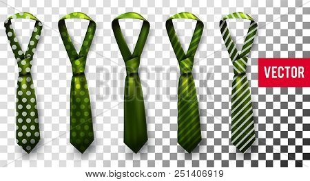 Realistic Vector Silk Satin Stripe Tie Set. Male Necktie For Business And Formal Clothing Accessory 