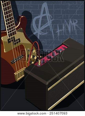 Stylized Vector Illustration Of An Electric Guitar And Guitar Amplifier On A Old Brick Wall Backgrou