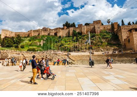 Malaga, Spain, April 03, 2018: The Fortress Alcazaba Withe Ruins Of Roman Theater, Malaga, Spain