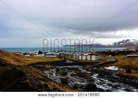 Town Of Mountain View Olafsvik In Iceland Is Europe's Western Most Country. Amazing Natural Mountain