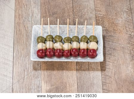 The Cooking Step Of Making Japanese Dango Dessert With 3 Different Color In Pink(red), White, And Gr