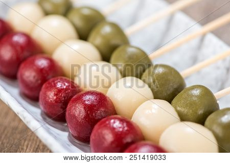 The Cooking Step Of Making Japanese Dango Dessert With 3 Different Color In Pink(red), White, And Gr
